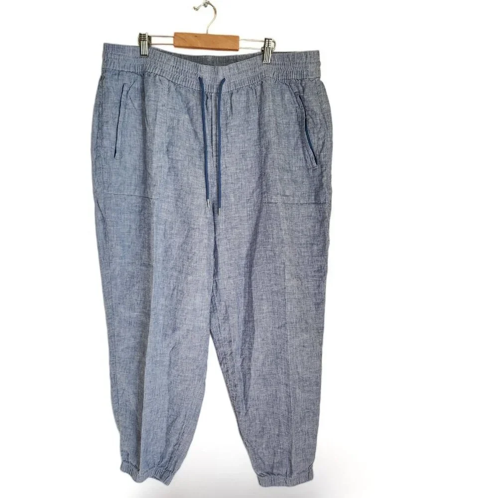 Athleta Jogger Pants Women 18 Plus Blue 100% Linen Pull On Elastic Waist Comfort
